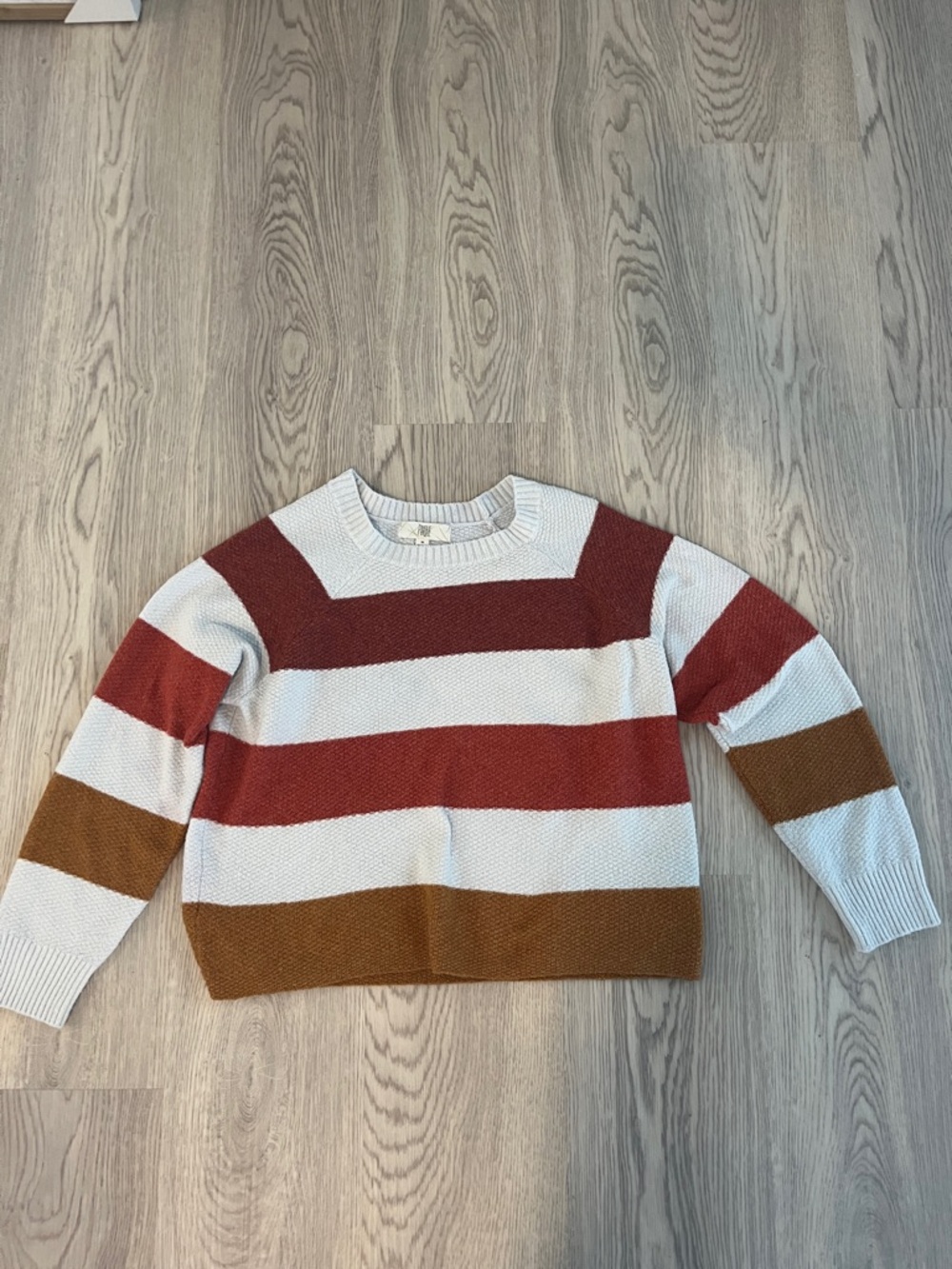 Striped Crewneck Sweater in White, Rust & Brown
